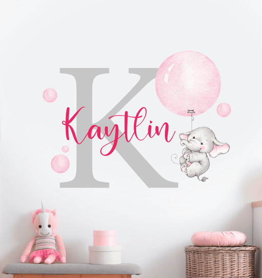 Cute Elephant With Balloon Initial And Name - Sticker Swag